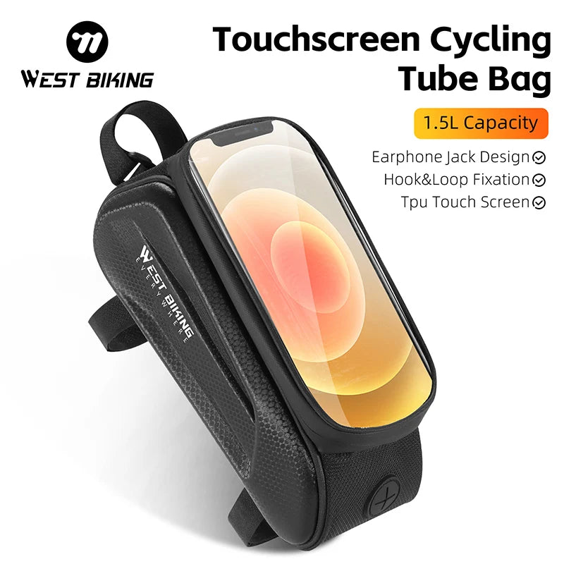 WEST BIKING 1.5L Waterproof Bike Top Tube Bag Touch Screen Phone Holder for 7.0 Inches Phones Bicycle Frame Bag Cycling Pannier