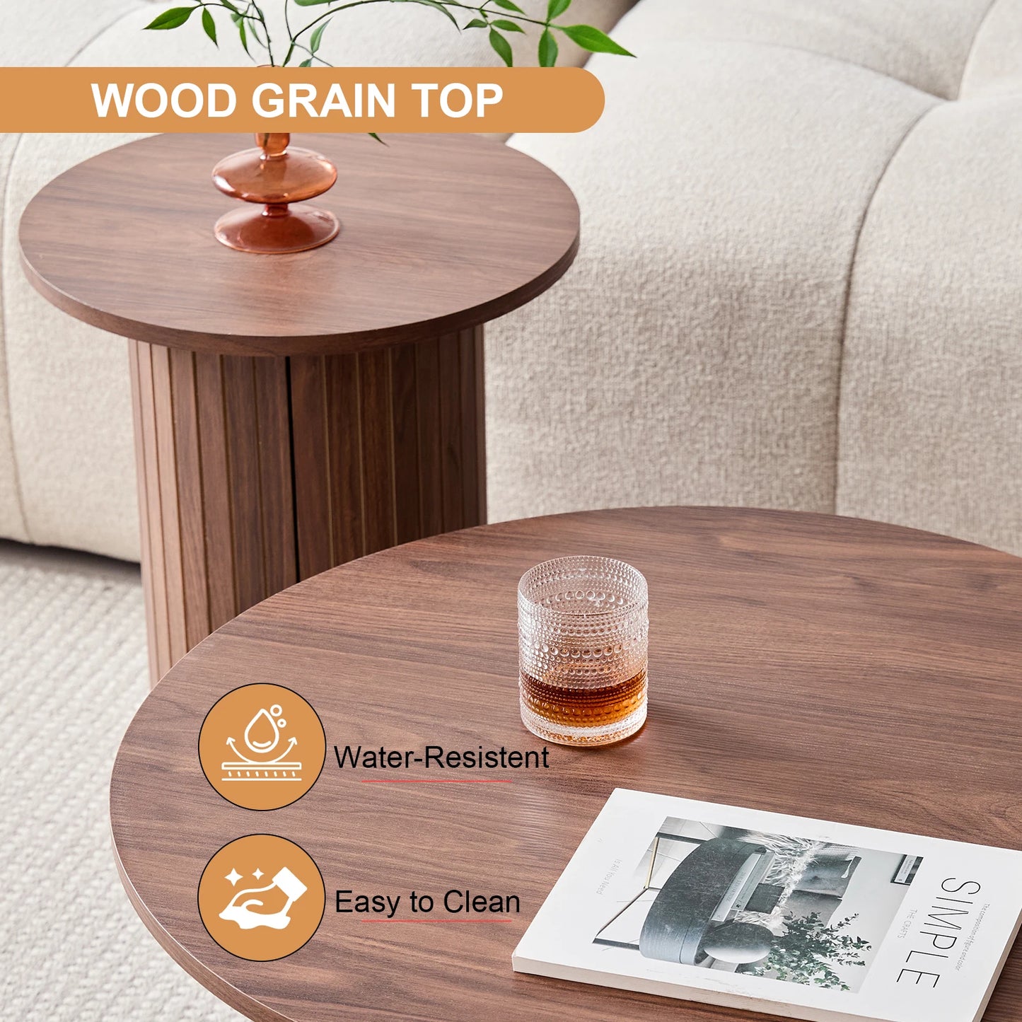 Set of 2 Nordic Style Wooden Round Coffee Table Set, Wooden Nesting Coffee Table, for Living Room/Bedroom Furniture