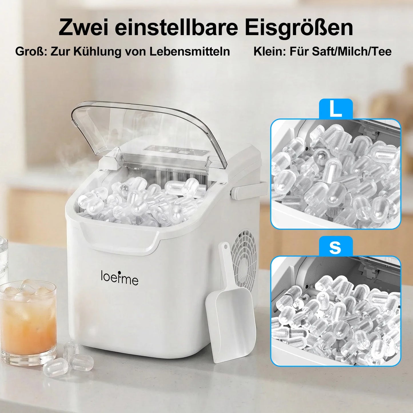 LOEFME Portable Ice Maker 12kg/24h 8 Ice Cubes in 6-13 Min Self Cleaning LED Portable Ice Machine with Adjustable Ice Size 0.8L Water Tank