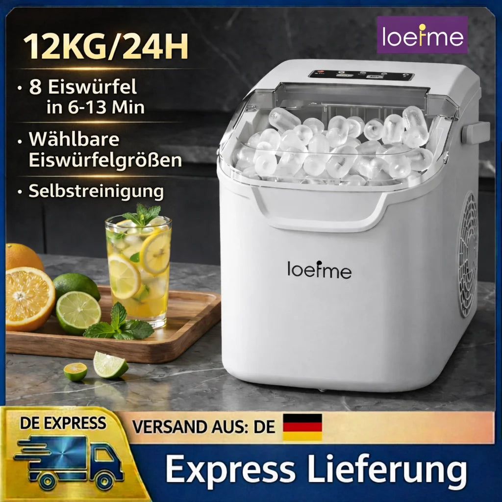 LOEFME Portable Ice Maker 12kg/24h 8 Ice Cubes in 6-13 Min Self Cleaning LED Portable Ice Machine with Adjustable Ice Size 0.8L Water Tank