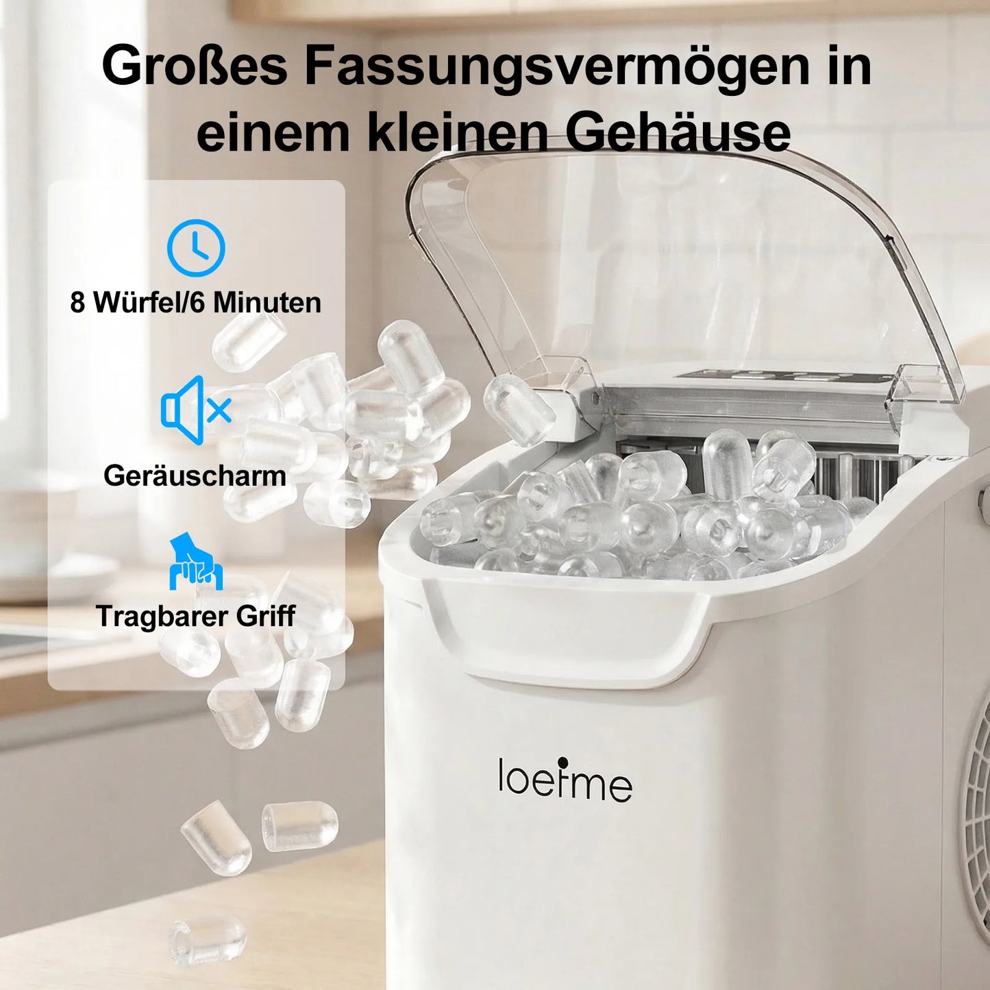LOEFME Portable Ice Maker 12kg/24h 8 Ice Cubes in 6-13 Min Self Cleaning LED Portable Ice Machine with Adjustable Ice Size 0.8L Water Tank