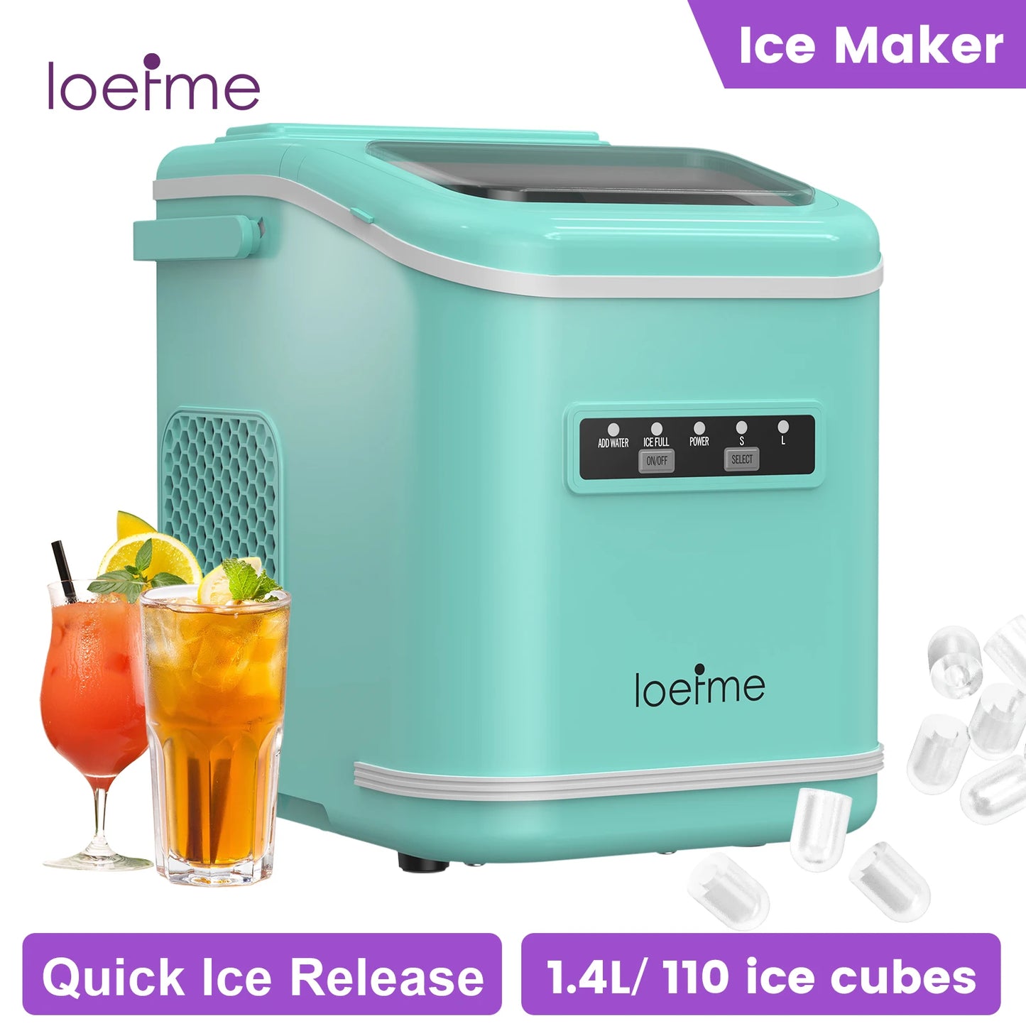 LOEFME Portable Ice Maker 12kg/24h 8 Ice Cubes in 6-13 Min Self Cleaning LED Portable Ice Machine with Adjustable Ice Size 0.8L Water Tank