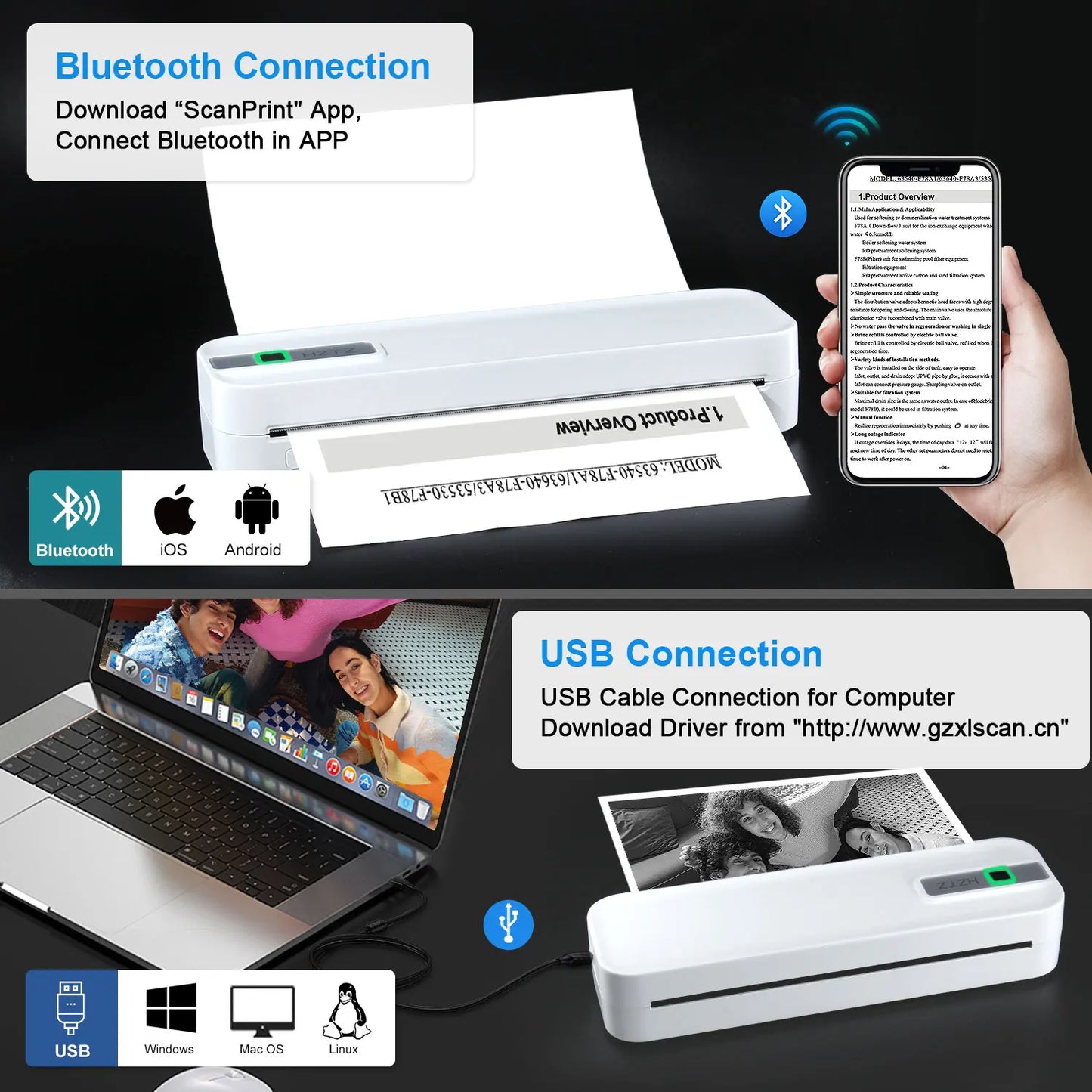 A4 Portable Wireless Mobile Inkless Thermal Printer For Phone & Laptop Multi-functional HD With 300dpi, For PDF, Word, Images