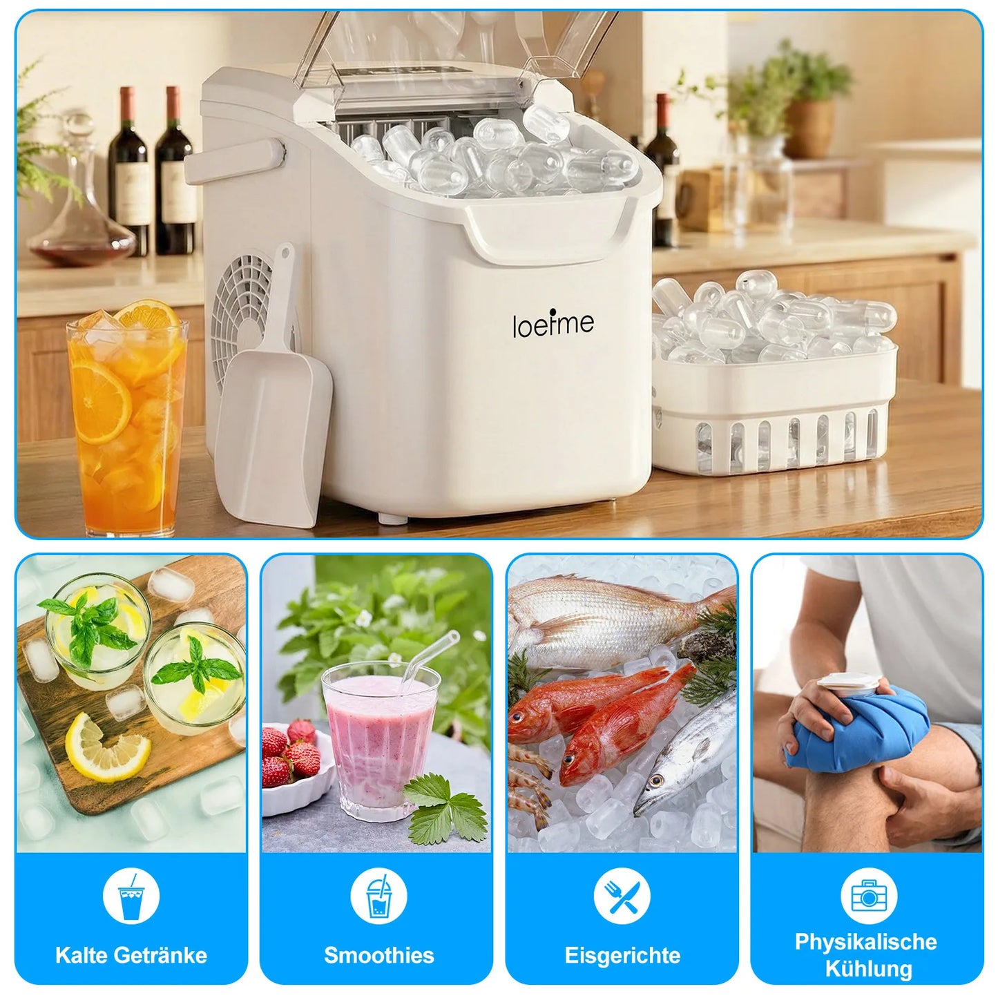 LOEFME Portable Ice Maker 12kg/24h 8 Ice Cubes in 6-13 Min Self Cleaning LED Portable Ice Machine with Adjustable Ice Size 0.8L Water Tank