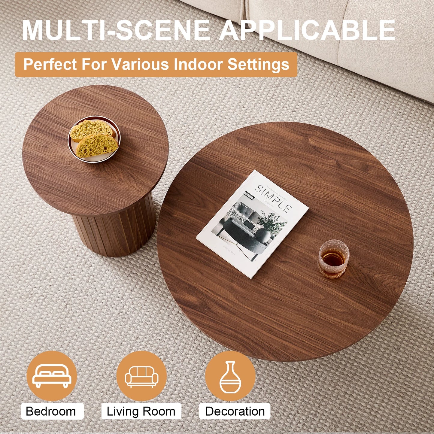 Set of 2 Nordic Style Wooden Round Coffee Table Set, Wooden Nesting Coffee Table, for Living Room/Bedroom Furniture