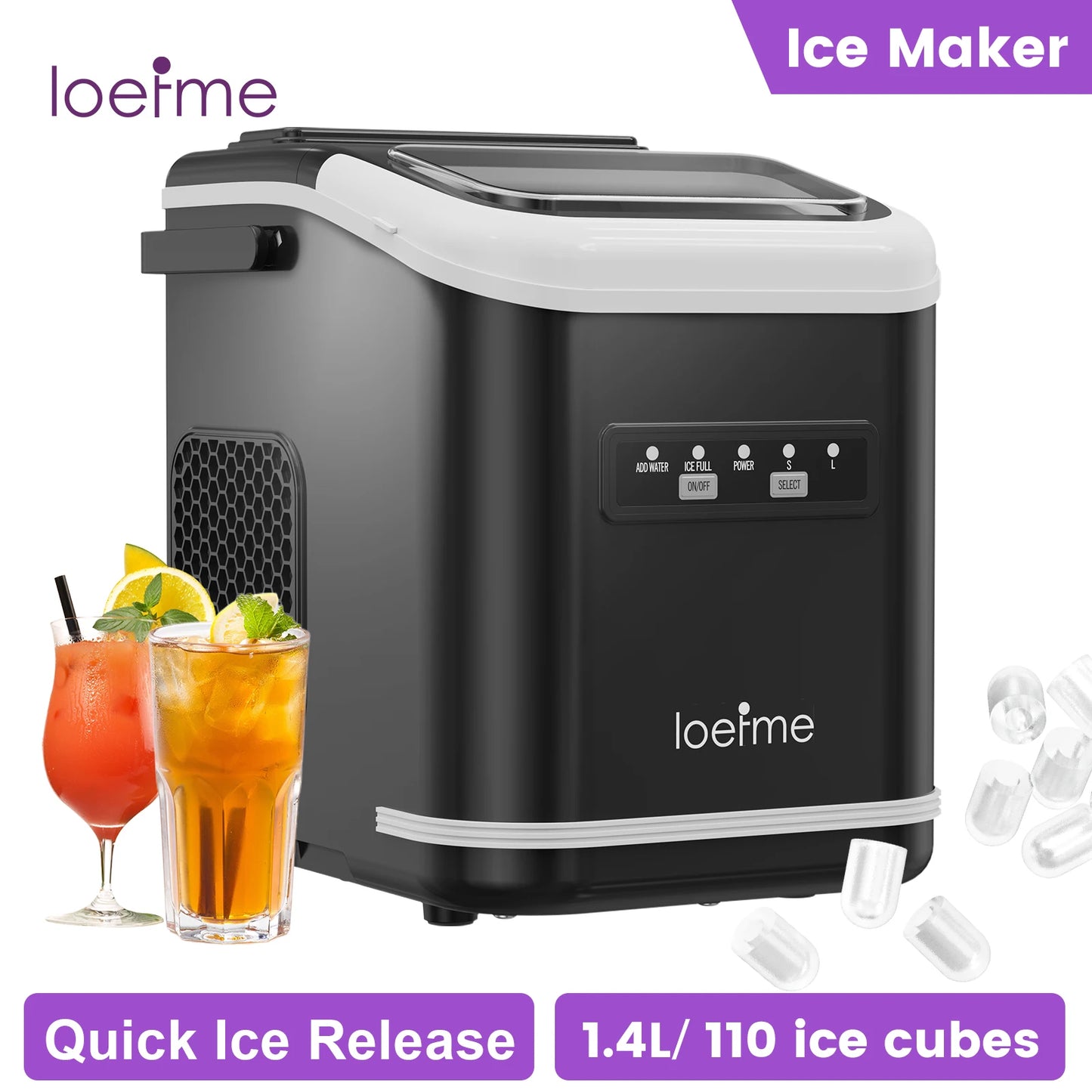 LOEFME Portable Ice Maker 12kg/24h 8 Ice Cubes in 6-13 Min Self Cleaning LED Portable Ice Machine with Adjustable Ice Size 0.8L Water Tank