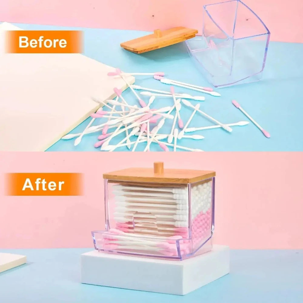 1Pc Clear Plastic Cotton Swab Holder with Bamboo Lid, Multifunctional Dispenser Jar, Dustproof Bathroom Storage Container for Co
