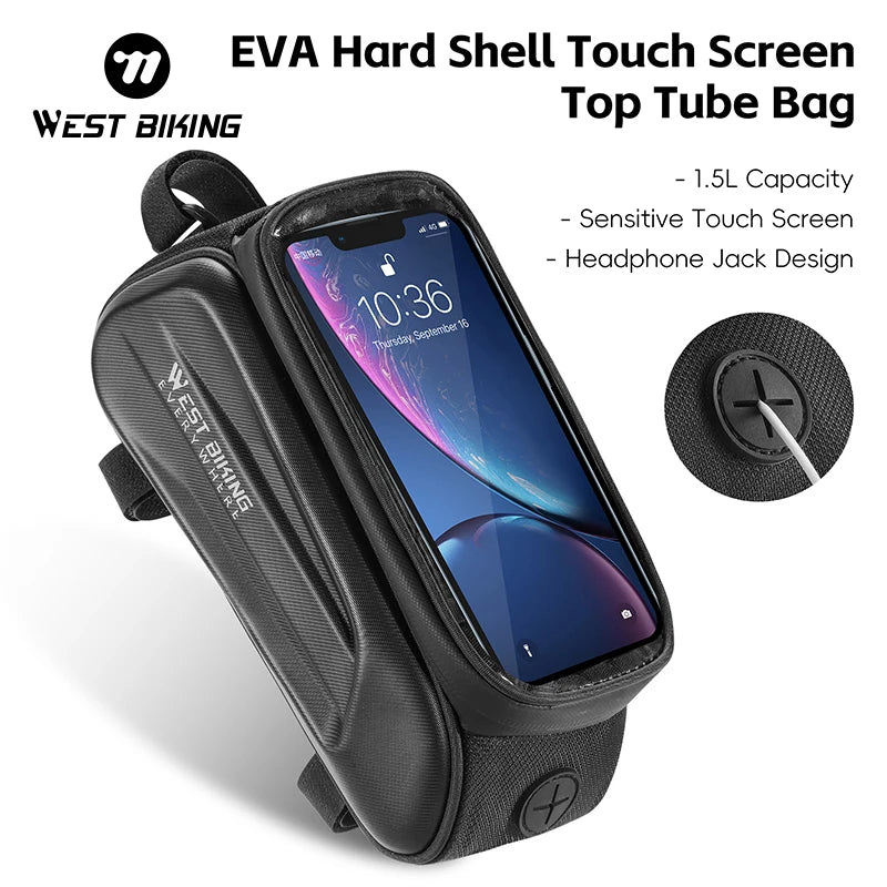WEST BIKING 1.5L Waterproof Bike Top Tube Bag Touch Screen Phone Holder for 7.0 Inches Phones Bicycle Frame Bag Cycling Pannier