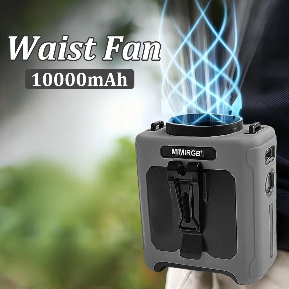 10000mAh Rechargeable Belt Clip Fan Waist Fan, 5-Speed Wearable Cooling Fan with LED SOS Warning Light for Jobsite Camping