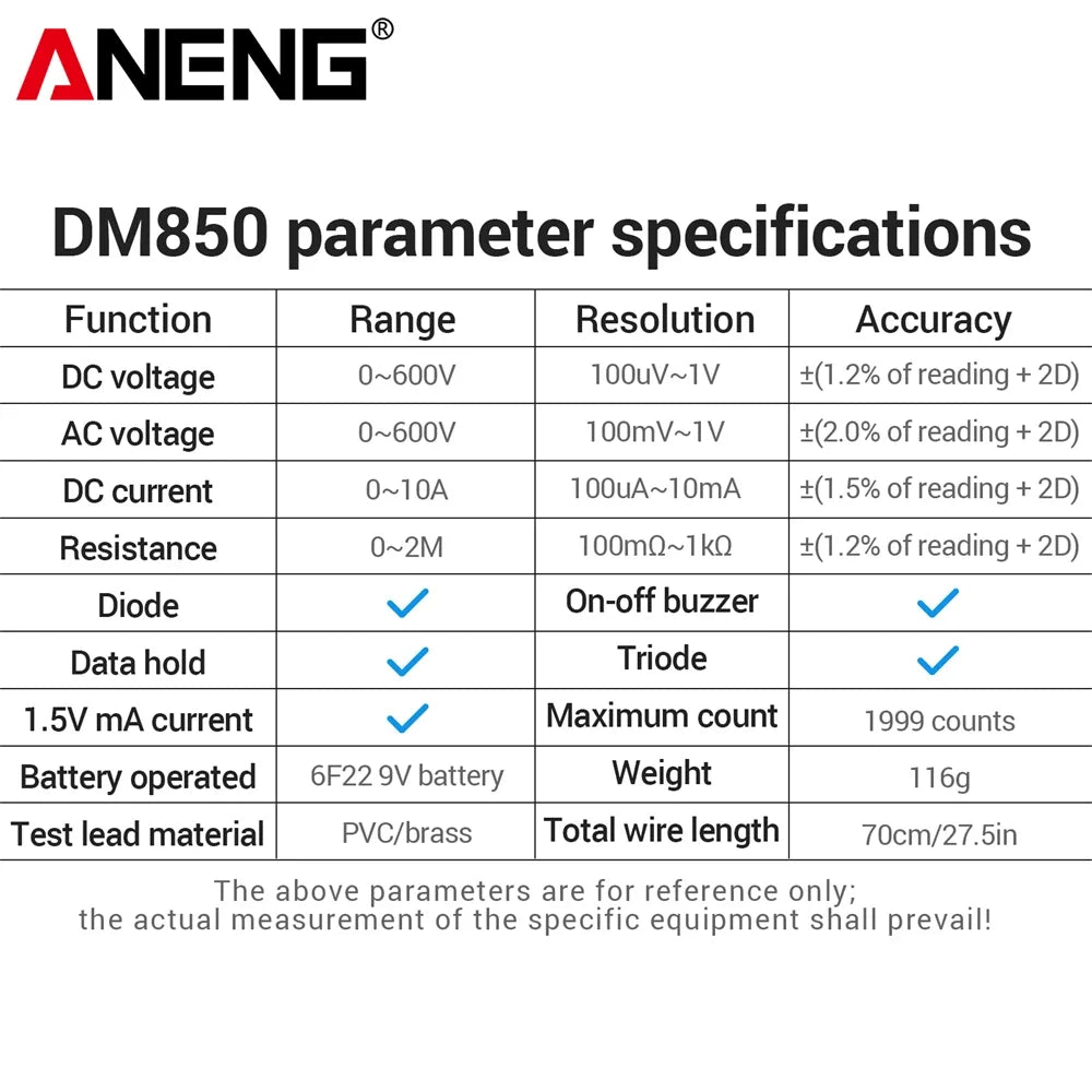 ANENG DM850 Handheld Digital Multimeter Automatic 1999 Count AC/DC Current Voltage Buzzer Resistance Diode Electrician Tes