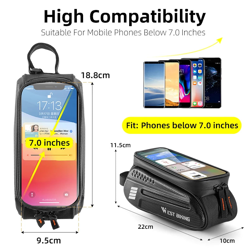 WEST BIKING 1.5L Waterproof Bike Top Tube Bag Touch Screen Phone Holder for 7.0 Inches Phones Bicycle Frame Bag Cycling Pannier