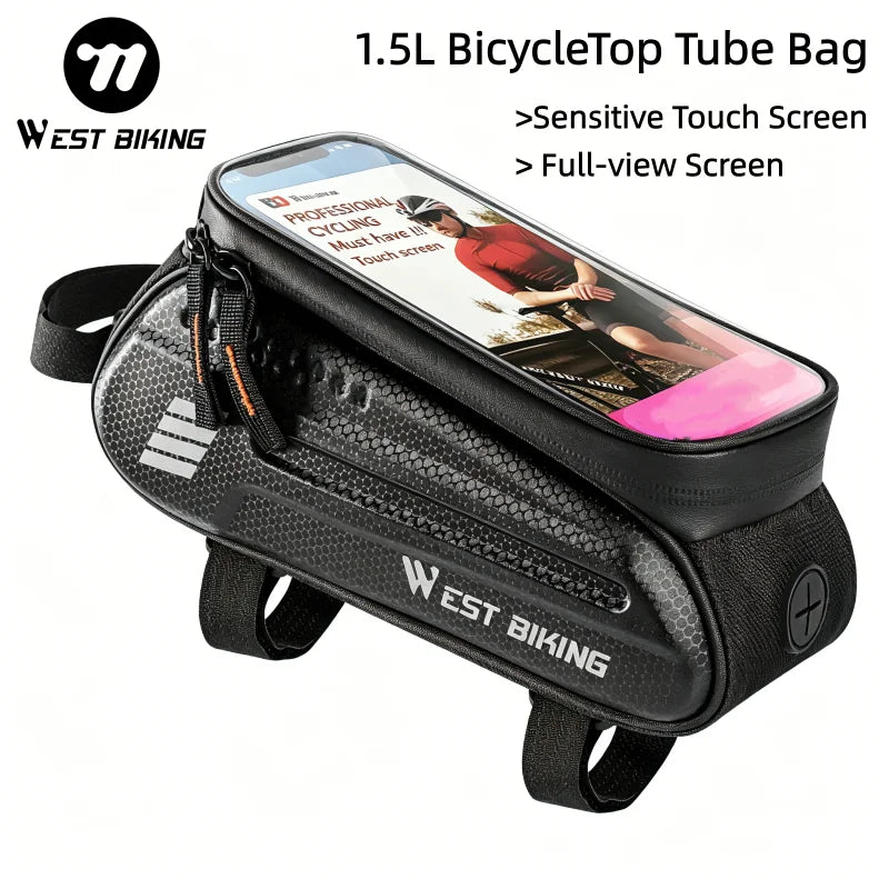 WEST BIKING 1.5L Waterproof Bike Top Tube Bag Touch Screen Phone Holder for 7.0 Inches Phones Bicycle Frame Bag Cycling Pannier