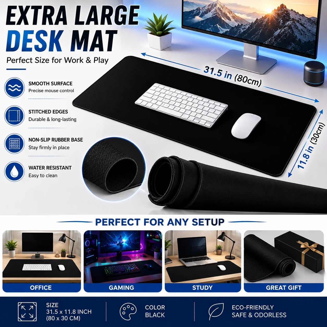 Extended Gaming Mouse Pad with Stitched Edge Non-Slip Rubber Base Waterproof Large Desk Mat for PC Laptop Gamer Office Home Use