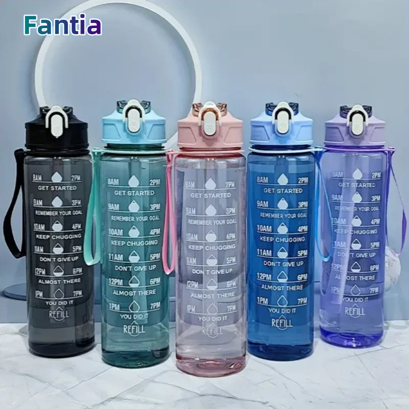 800ml/27oz Large Capacity Sports Water Bottle Leak Proof Plastic Drinking Cup With Time Scale Suitable For Travel Fitness Sports