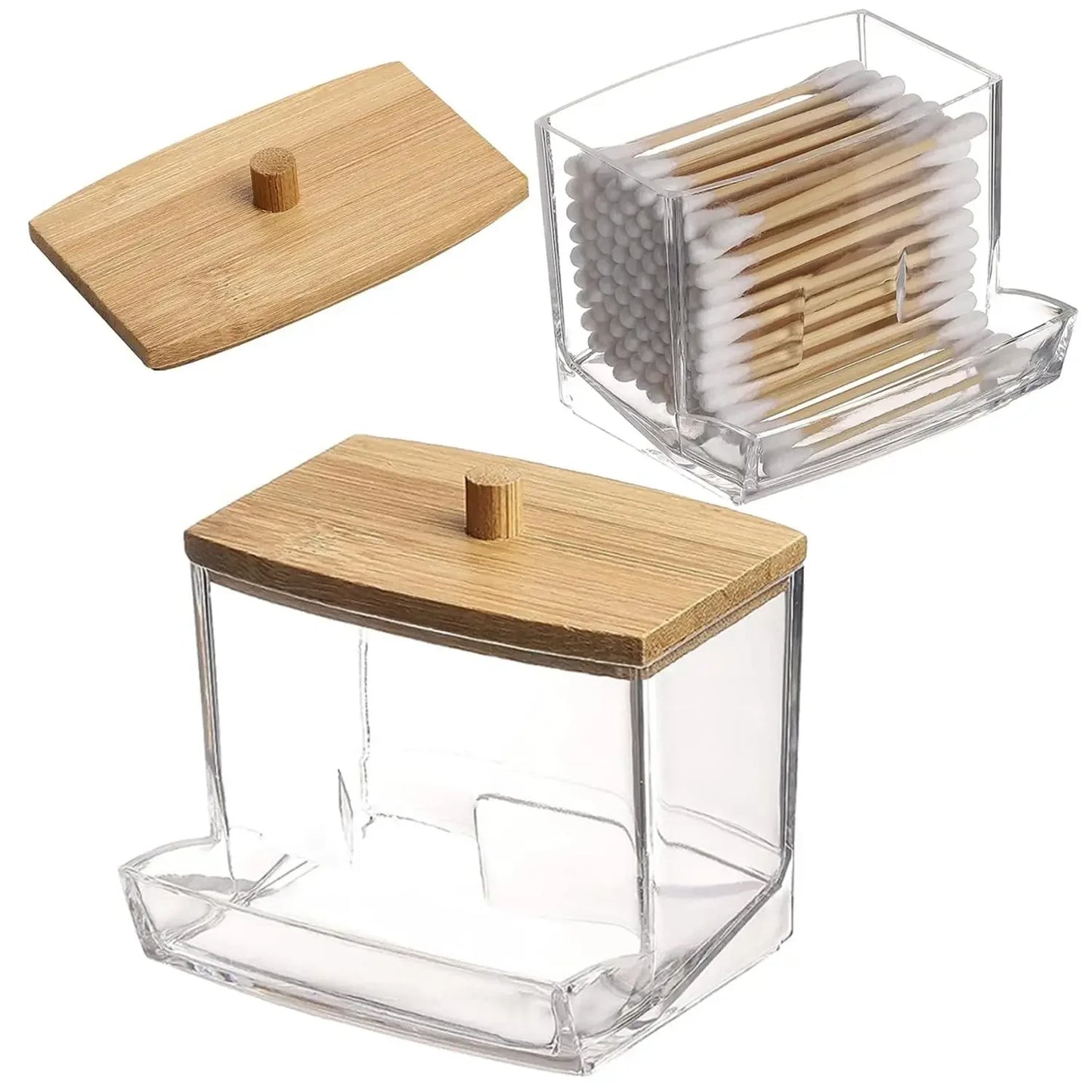 1Pc Clear Plastic Cotton Swab Holder with Bamboo Lid, Multifunctional Dispenser Jar, Dustproof Bathroom Storage Container for Co