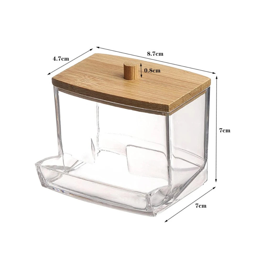1Pc Clear Plastic Cotton Swab Holder with Bamboo Lid, Multifunctional Dispenser Jar, Dustproof Bathroom Storage Container for Co