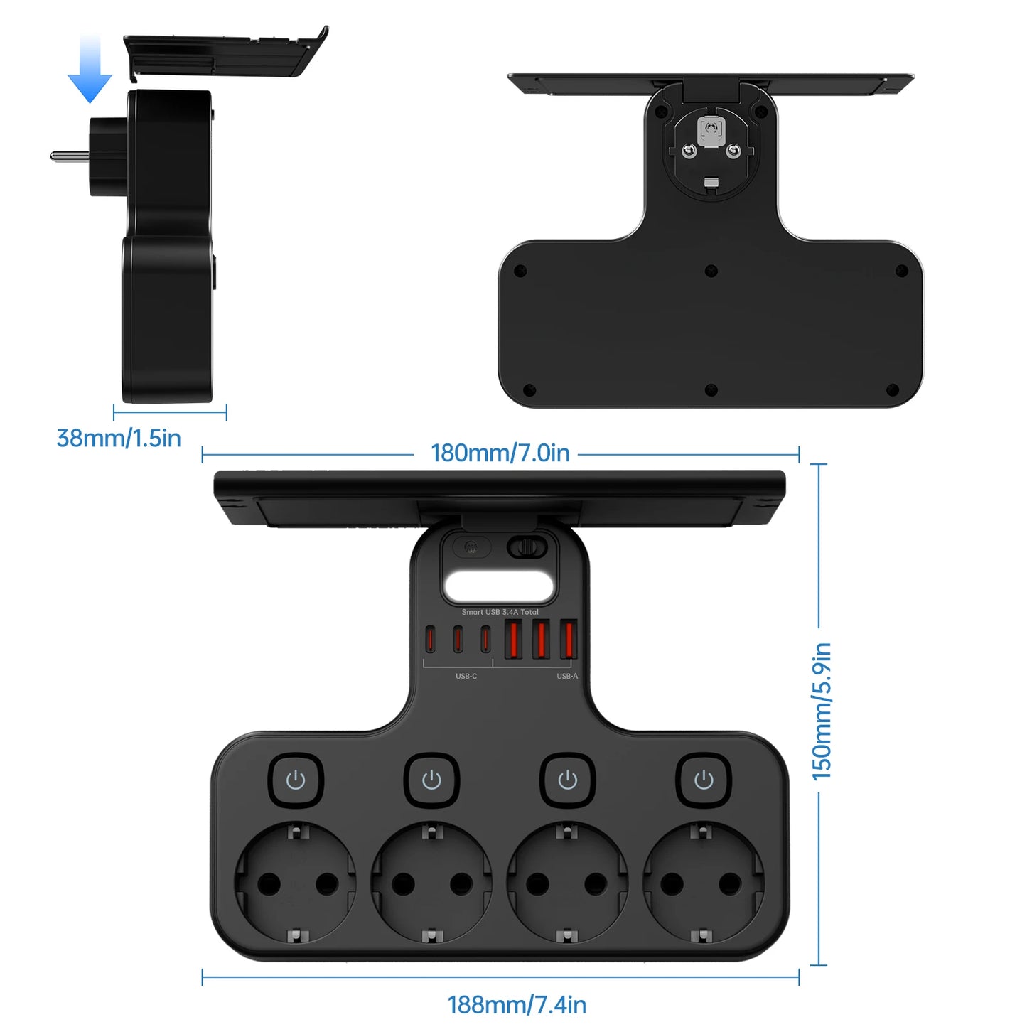 4000W EU Multifunction Socket Smart Night Light Individual Switch EU Plug 4 AC Power Strip with Phone Holder 2 USB-A 2 USB-C