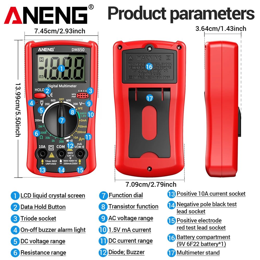 ANENG DM850 Handheld Digital Multimeter Automatic 1999 Count AC/DC Current Voltage Buzzer Resistance Diode Electrician Tes