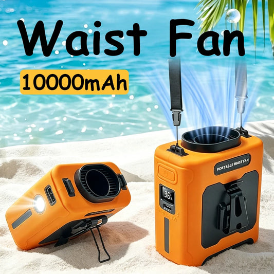 10000mAh Rechargeable Belt Clip Fan Waist Fan, 5-Speed Wearable Cooling Fan with LED SOS Warning Light for Jobsite Camping