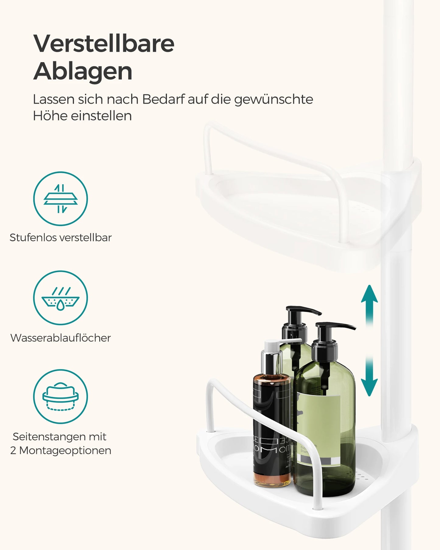 85-305 cm height adjustable shower rack with 4 trays bathroom shelf, shower corner no drilling necessary, white/black