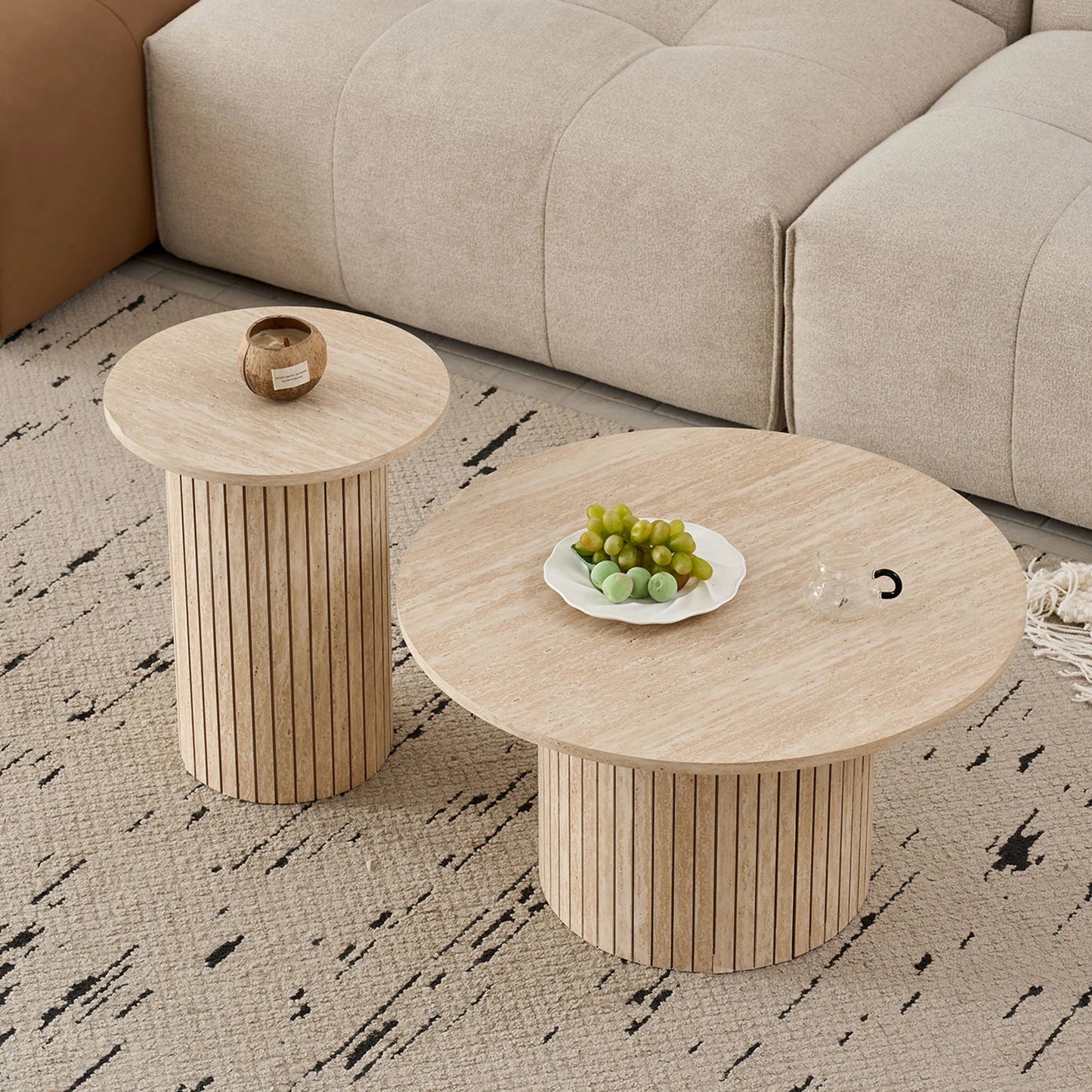 Set of 2 Nordic Style Wooden Round Coffee Table Set, Wooden Nesting Coffee Table, for Living Room/Bedroom Furniture