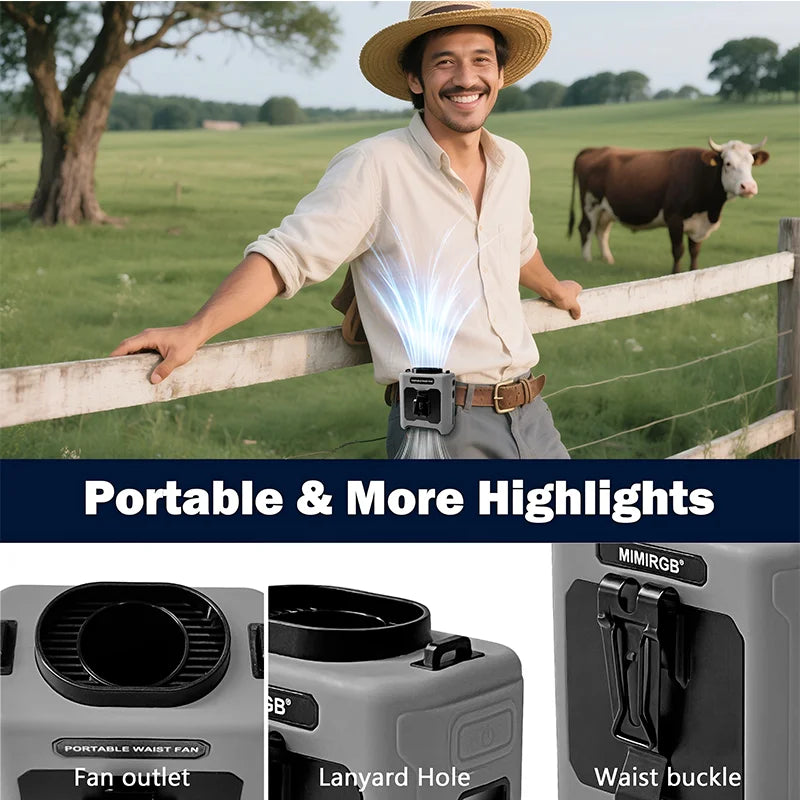 10000mAh Rechargeable Belt Clip Fan Waist Fan, 5-Speed Wearable Cooling Fan with LED SOS Warning Light for Jobsite Camping