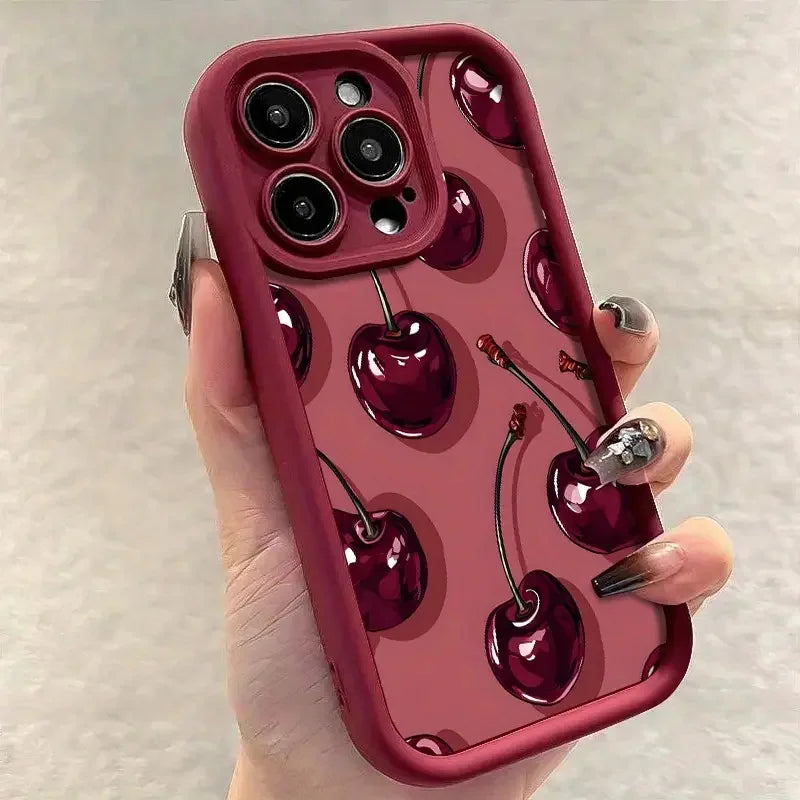 Luxury Wine Red Cherry Print Case for IPhone 16 15 17 Air 14 13 12 11 Pro Max 7 8 16 Plus 16e Shockproof Silicone Phone Cover