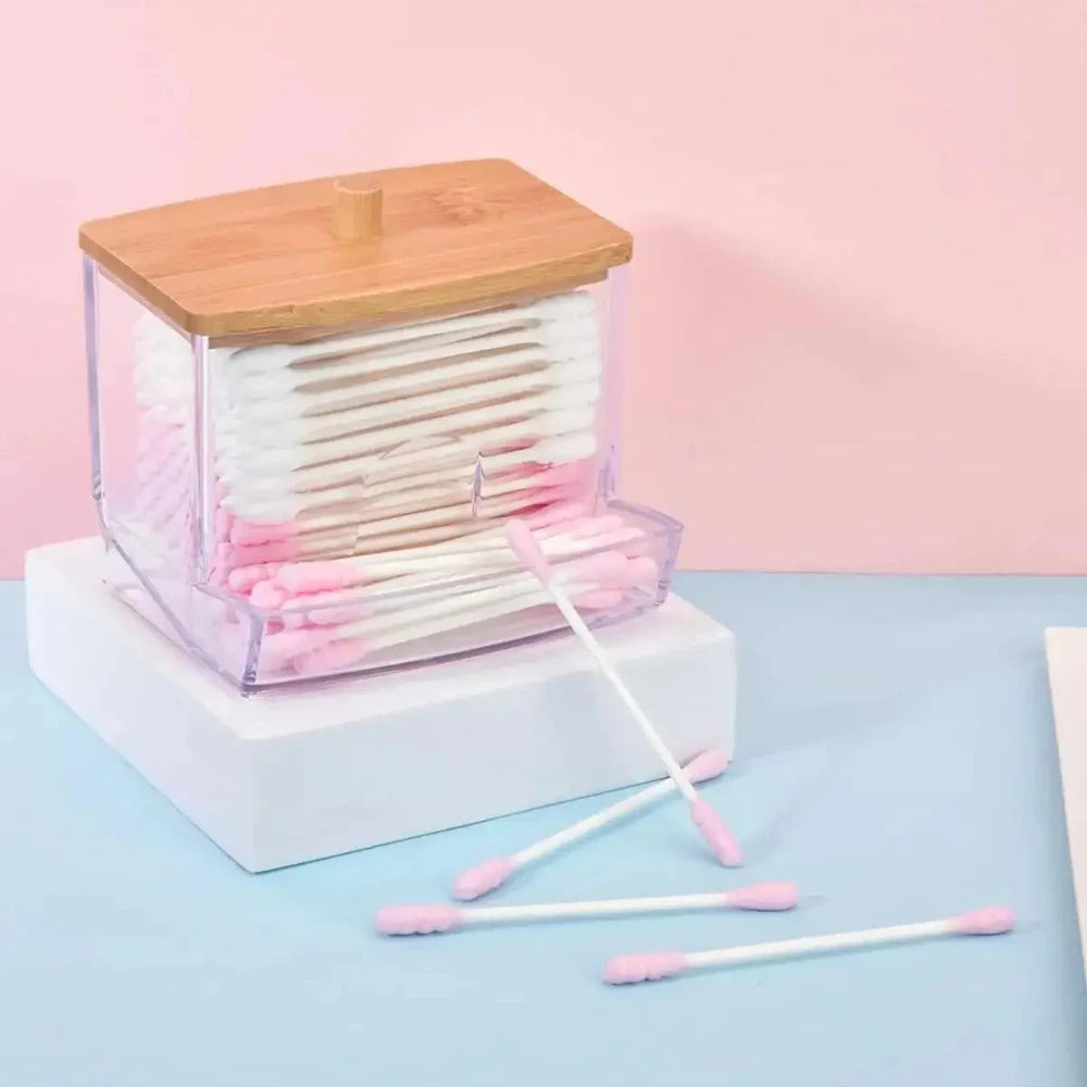 1Pc Clear Plastic Cotton Swab Holder with Bamboo Lid, Multifunctional Dispenser Jar, Dustproof Bathroom Storage Container for Co