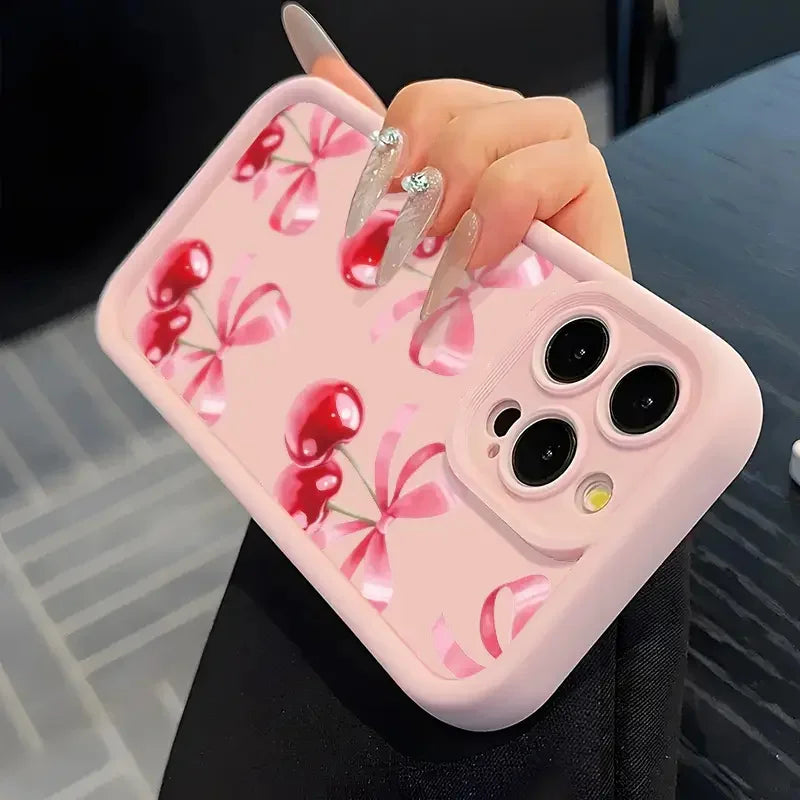Luxury Wine Red Cherry Print Case for IPhone 16 15 17 Air 14 13 12 11 Pro Max 7 8 16 Plus 16e Shockproof Silicone Phone Cover
