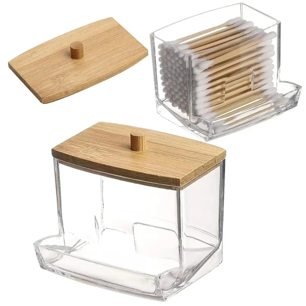 1Pc Clear Plastic Cotton Swab Holder with Bamboo Lid, Multifunctional Dispenser Jar, Dustproof Bathroom Storage Container for Co