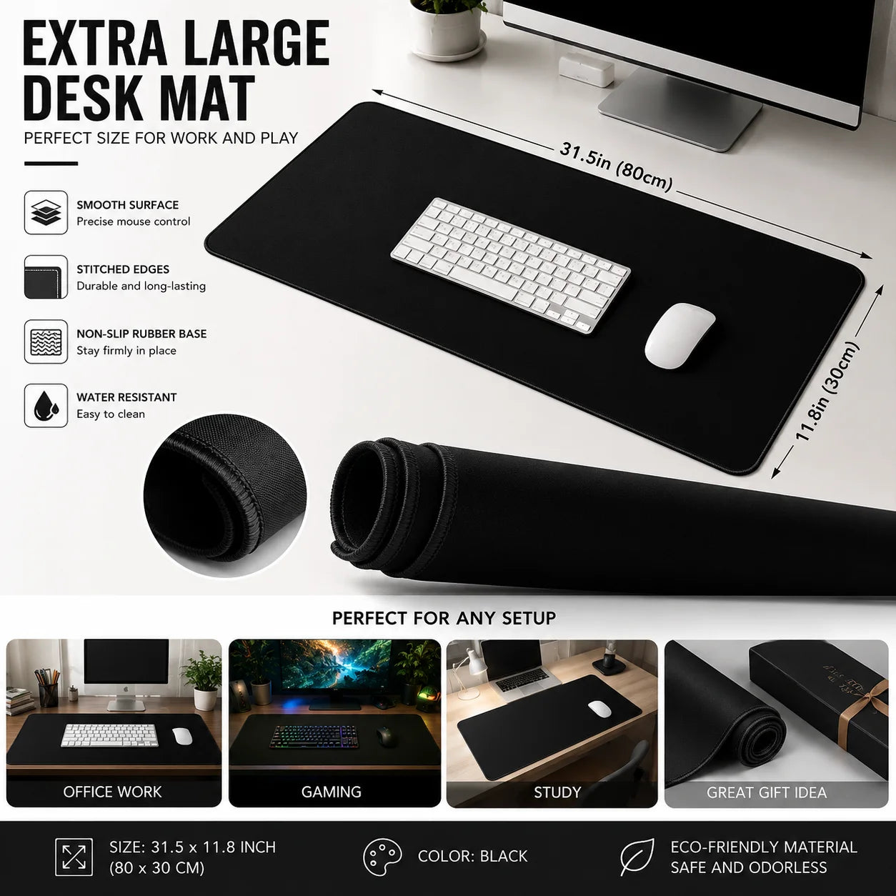 Extended Gaming Mouse Pad with Stitched Edge Non-Slip Rubber Base Waterproof Large Desk Mat for PC Laptop Gamer Office Home Use