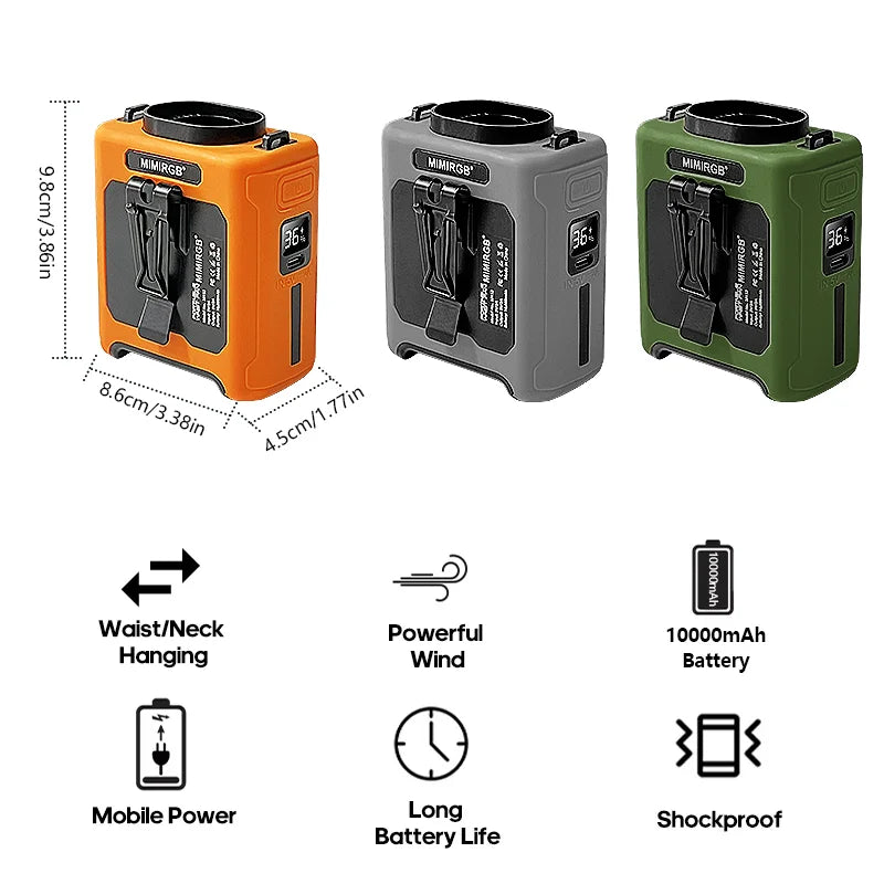 10000mAh Rechargeable Belt Clip Fan Waist Fan, 5-Speed Wearable Cooling Fan with LED SOS Warning Light for Jobsite Camping