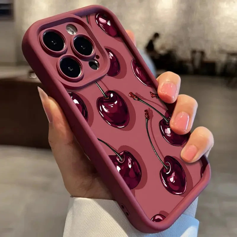 Luxury Wine Red Cherry Print Case for IPhone 16 15 17 Air 14 13 12 11 Pro Max 7 8 16 Plus 16e Shockproof Silicone Phone Cover