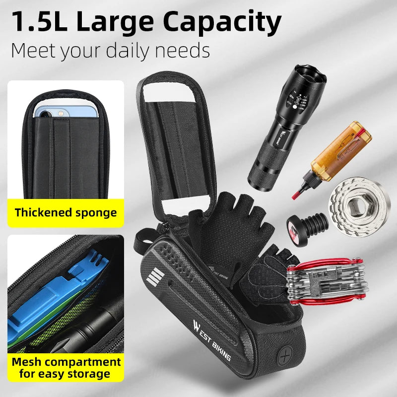 WEST BIKING 1.5L Waterproof Bike Top Tube Bag Touch Screen Phone Holder for 7.0 Inches Phones Bicycle Frame Bag Cycling Pannier