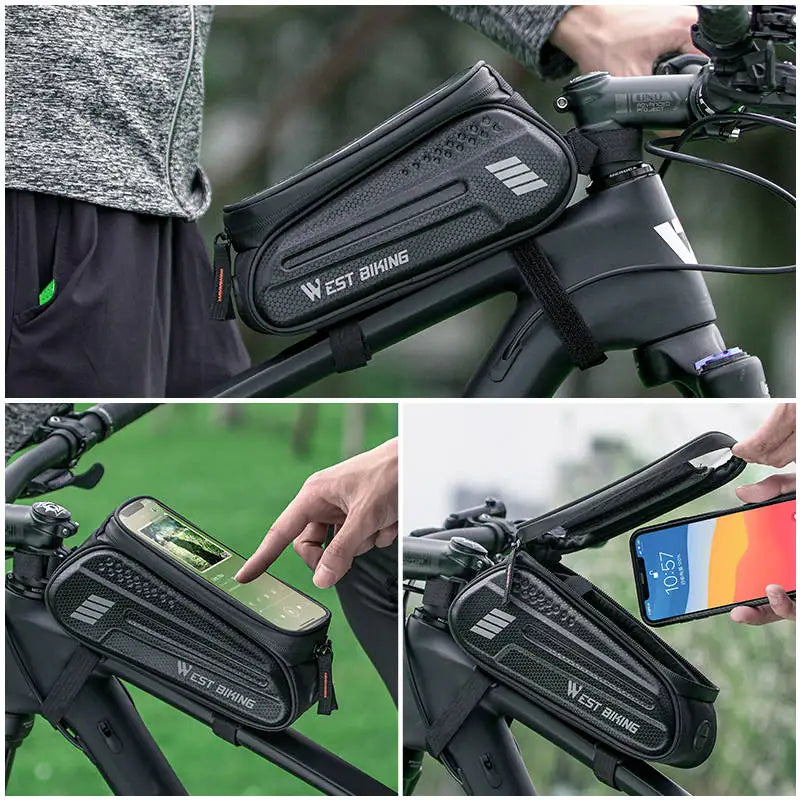 WEST BIKING 1.5L Waterproof Bike Top Tube Bag Touch Screen Phone Holder for 7.0 Inches Phones Bicycle Frame Bag Cycling Pannier