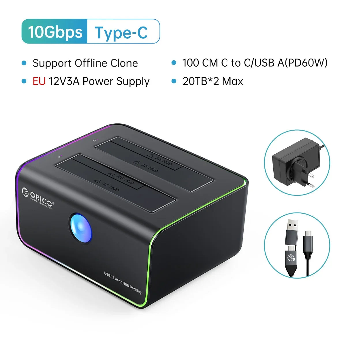 ORICO External Hard Drive 2-bay Type-C 10Gbps Hard Disk Docking Station with Auto-Sleep Offline Clone Hard Disk Case PC Case