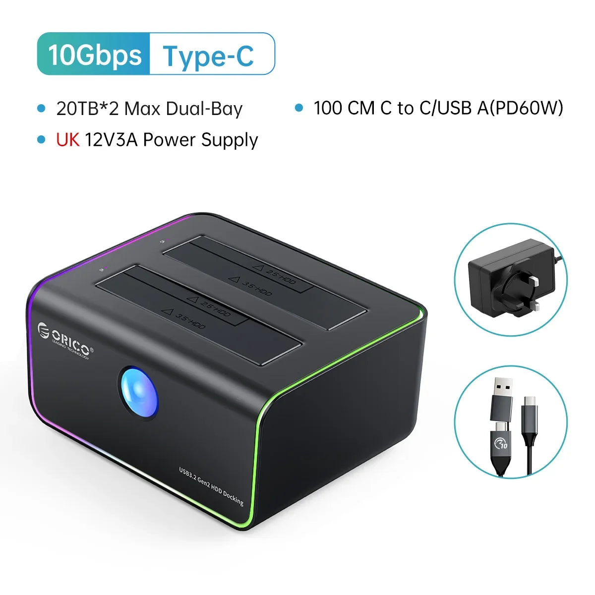 ORICO External Hard Drive 2-bay Type-C 10Gbps Hard Disk Docking Station with Auto-Sleep Offline Clone Hard Disk Case PC Case